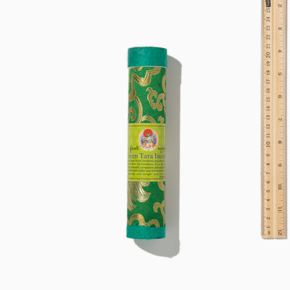 size of box of Green Tara Tibetan incense sticks on white background