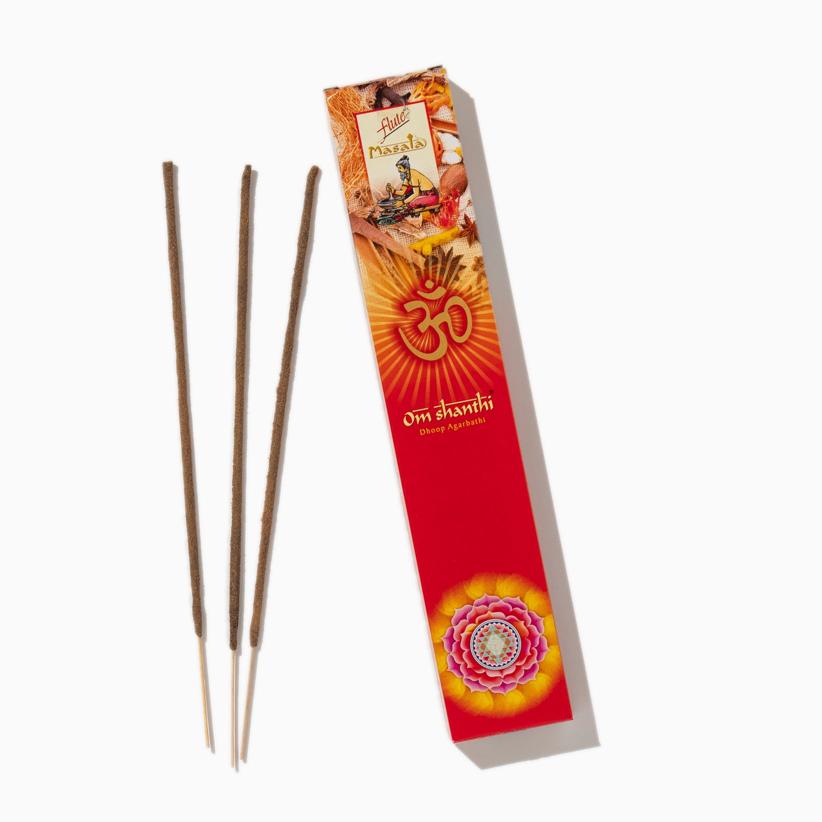 open box of Om Shanthi Cycle Indian incense sticks on white background