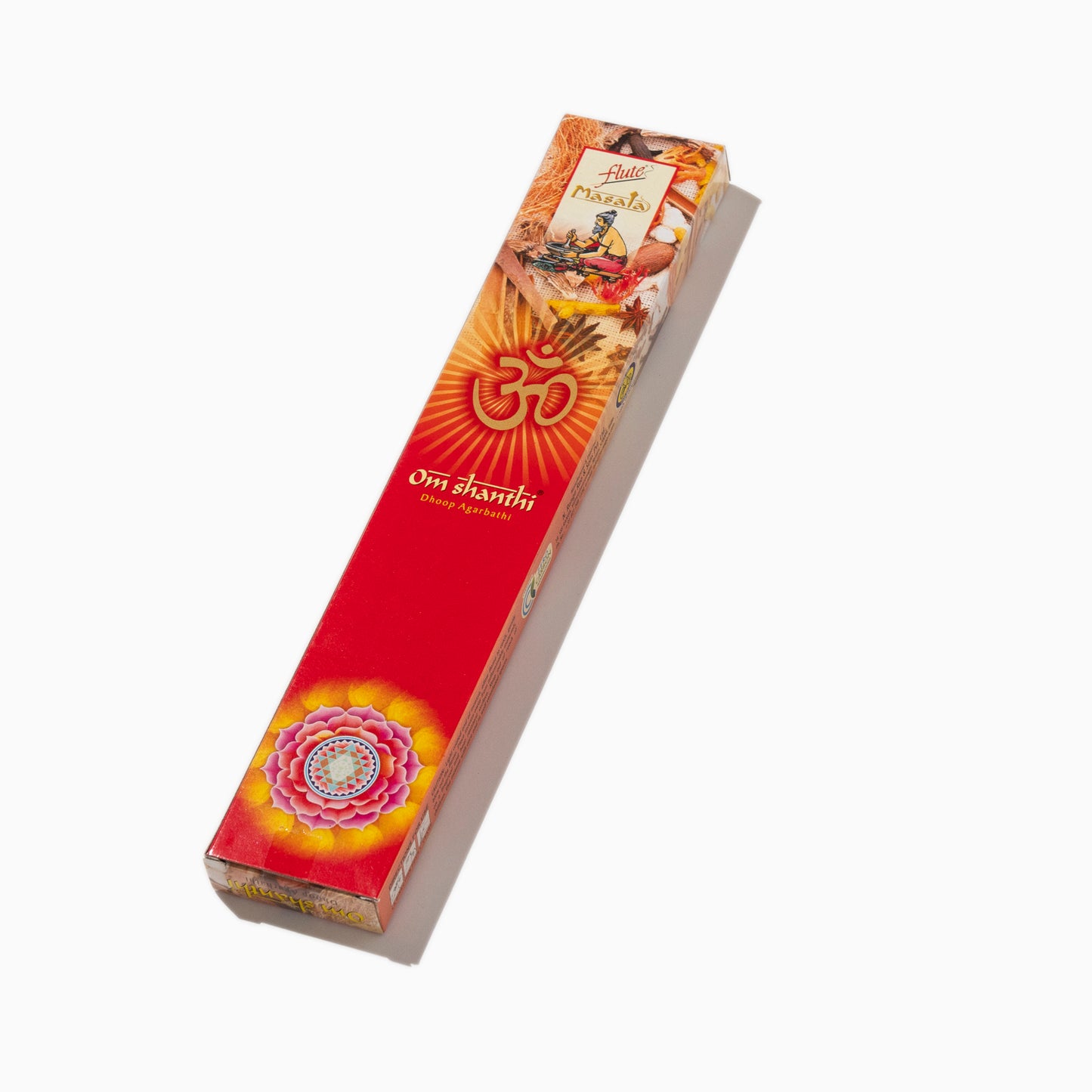 side view of box of Om Shanthi Cycle Indian incense sticks on white background