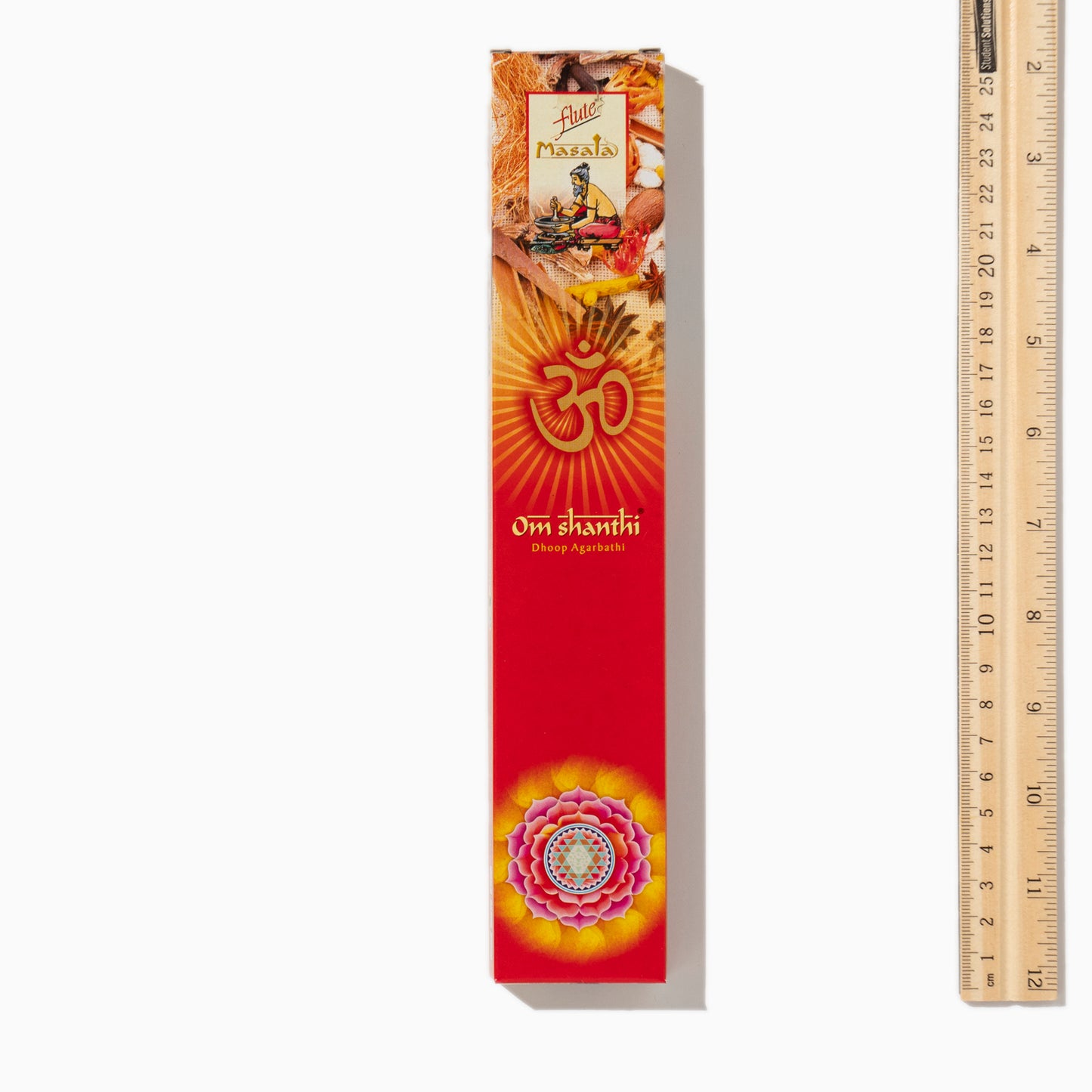 size of box of Om Shanthi Cycle Indian incense sticks on white background