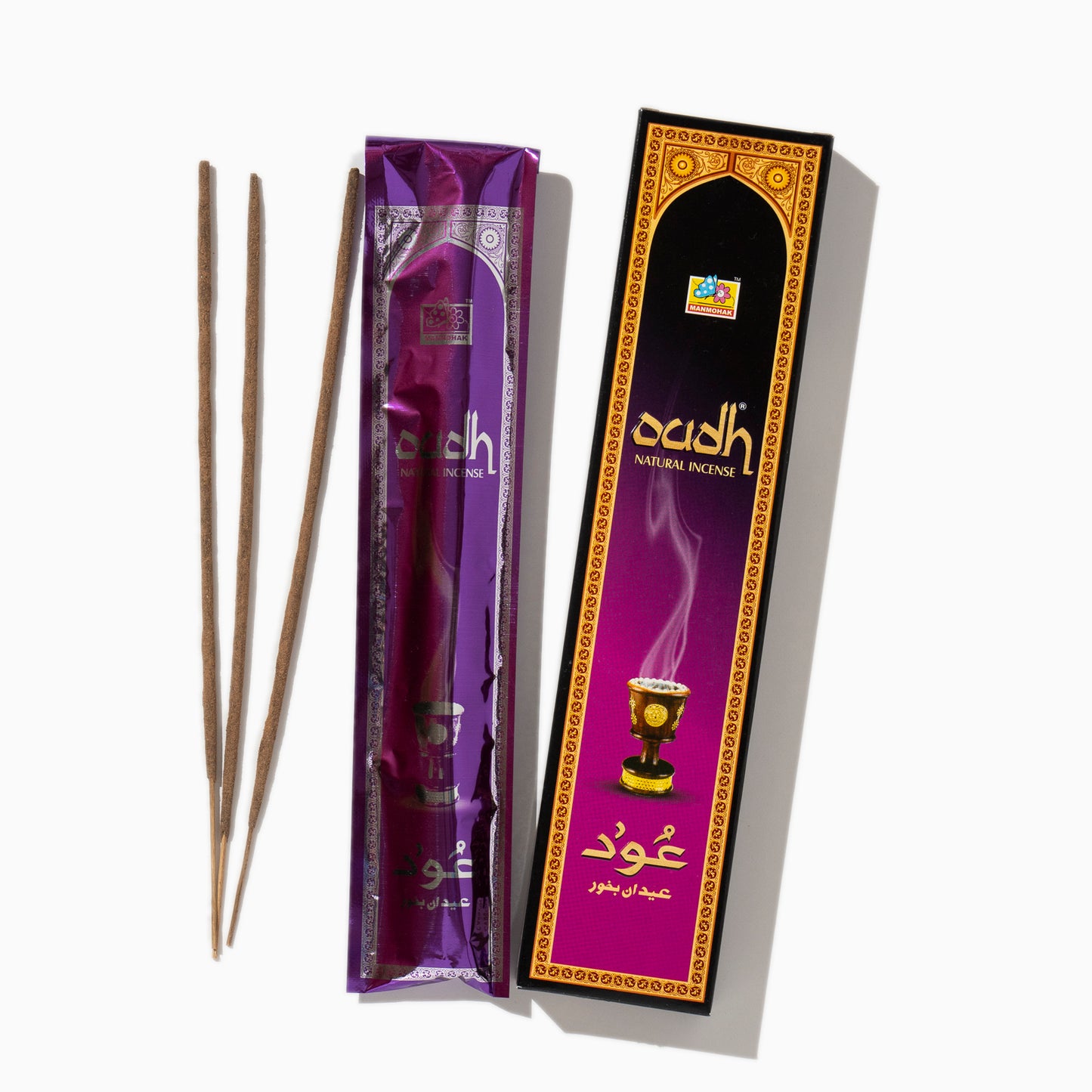 details of box of Oudh Cycle Indian incense sticks on white background