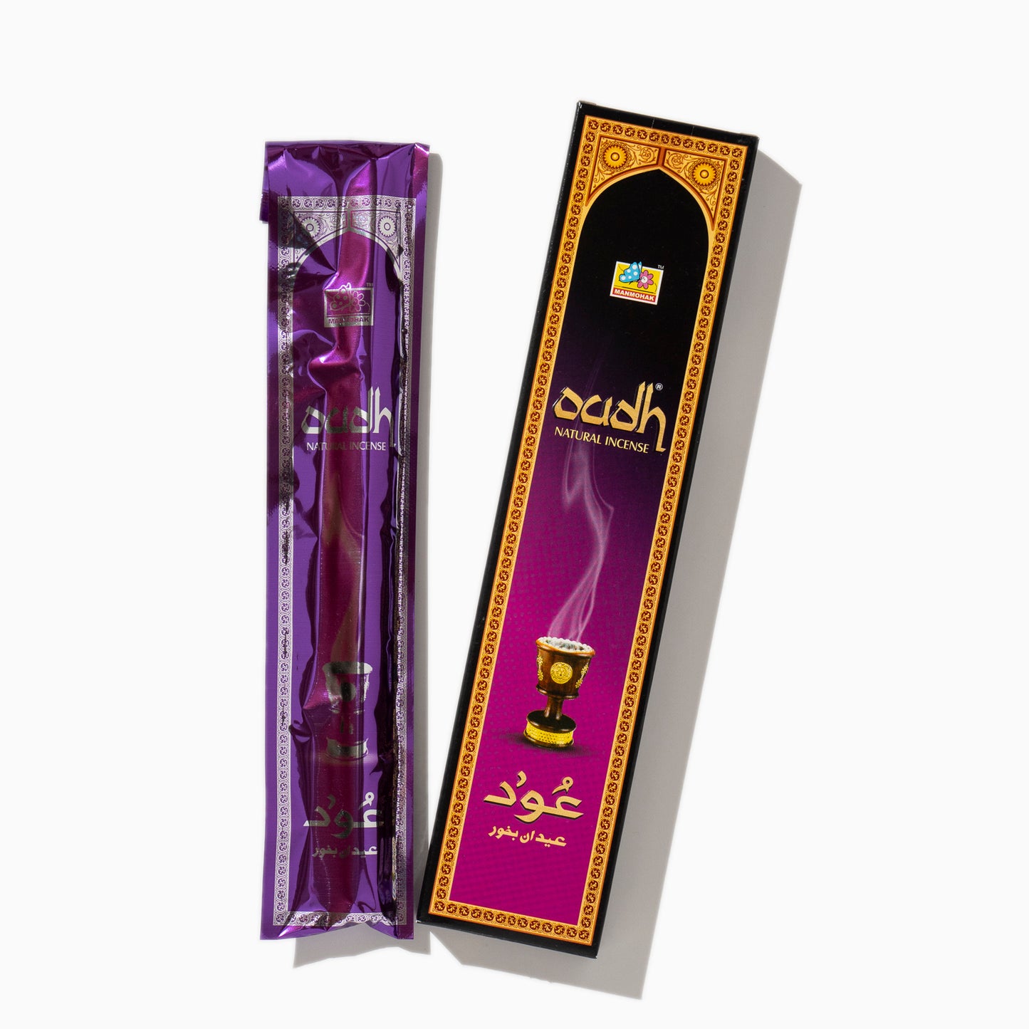 open box of Oudh Cycle Indian incense sticks on white background