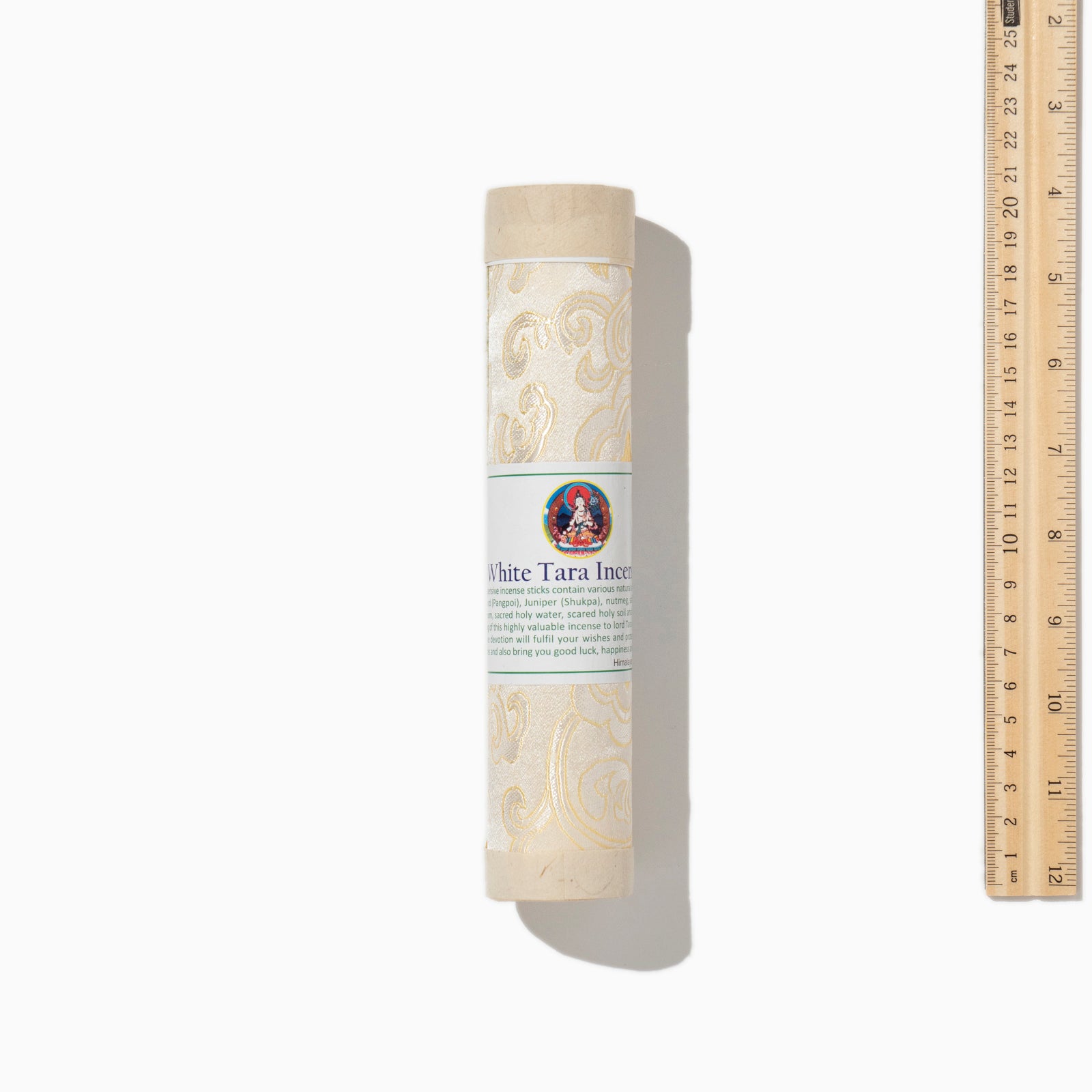 size of box of White Tara Tibetan incense sticks on white background