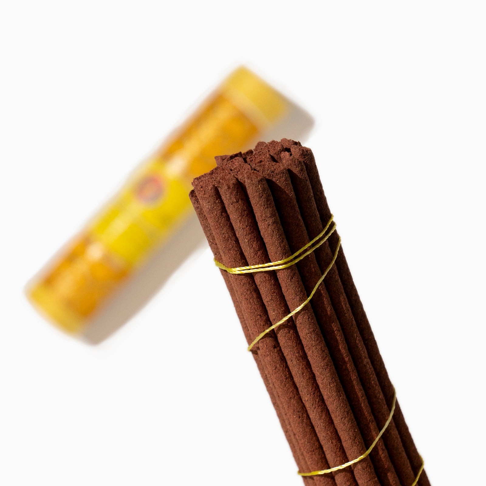 detail of box of Zambala Tibetan incense sticks on white background